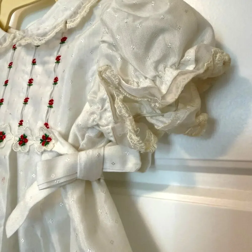 Vintage Polly Flinders Hand Smocked Dress White Red Rose 12M